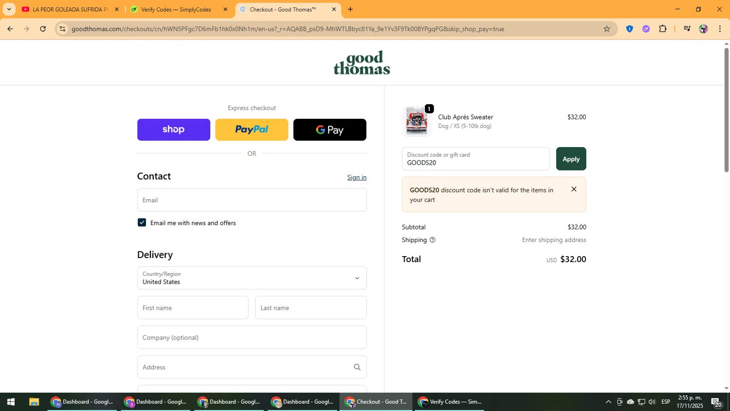 Good Thomas discount code screenshot showing code GOODS20 applied at Good Thomas checkout page. Uploaded by SimplyCodes community member Vanmanuel on Nov 17, 2025