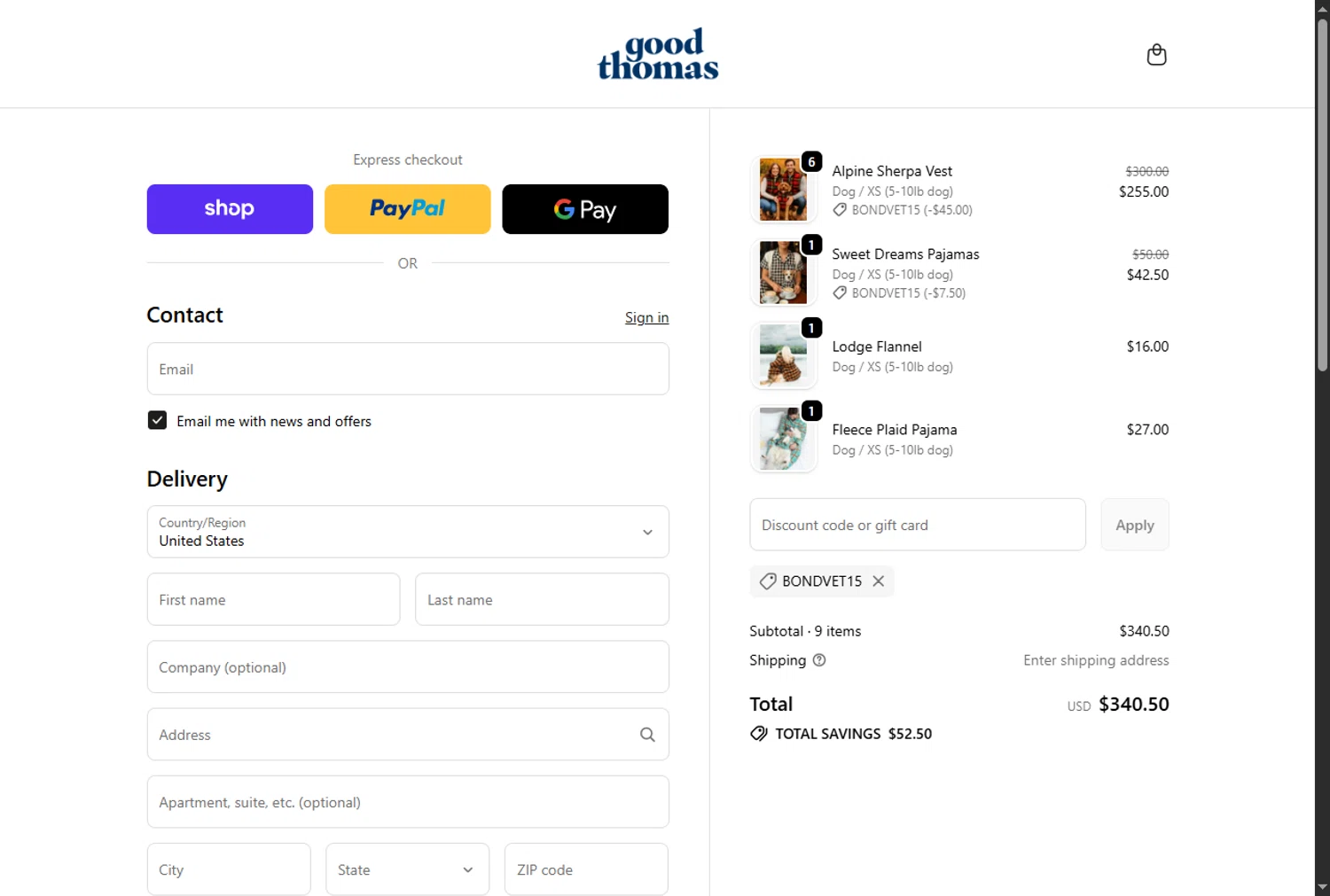 Good Thomas discount code screenshot showing code BONDVET15 applied at Good Thomas checkout page. Uploaded by SimplyCodes community member Alejandra10 on Oct 22, 2025