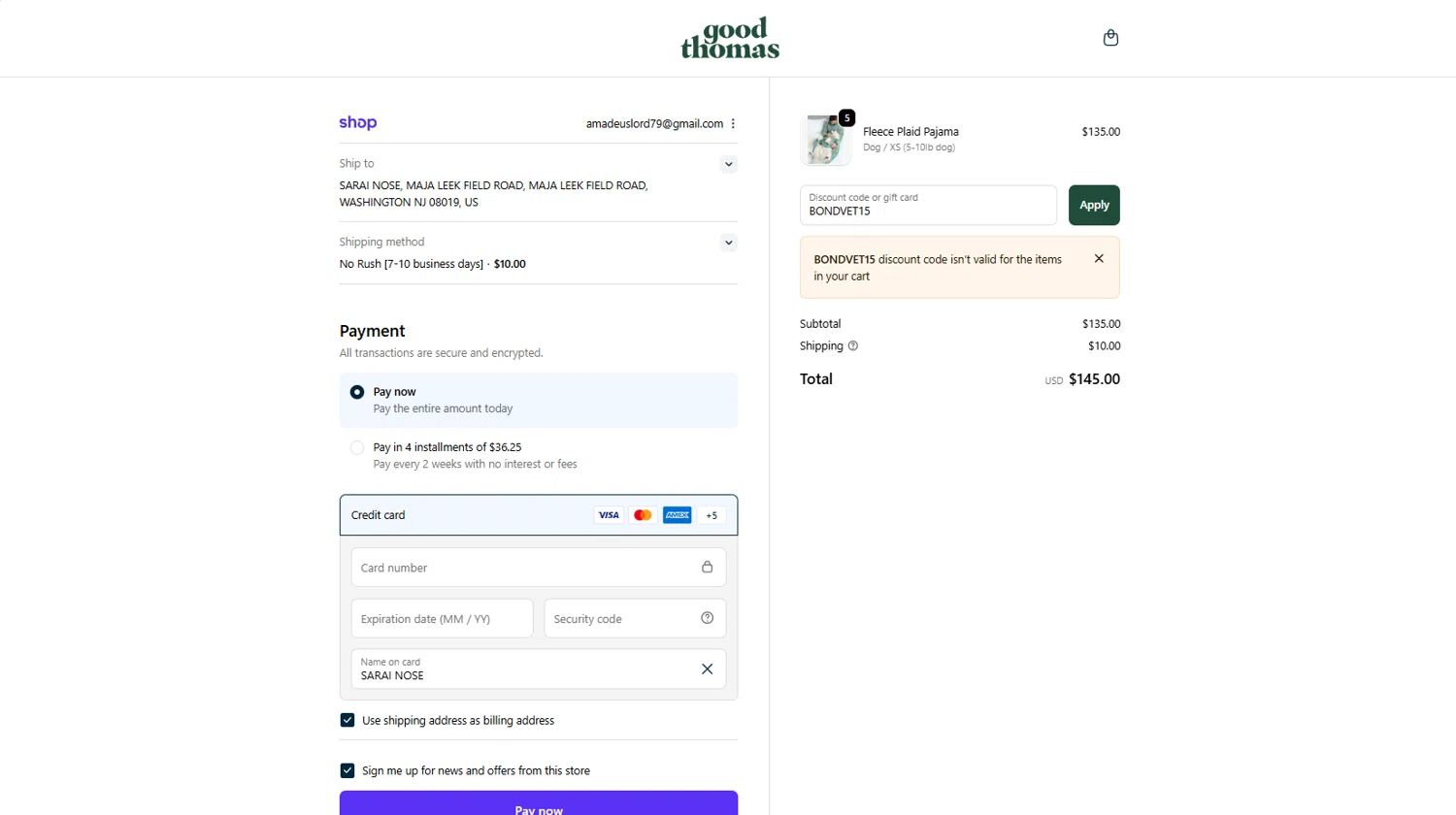 Good Thomas discount code screenshot showing code BONDVET15 applied at Good Thomas checkout page. Uploaded by SimplyCodes community member PANDITA on Nov 19, 2025