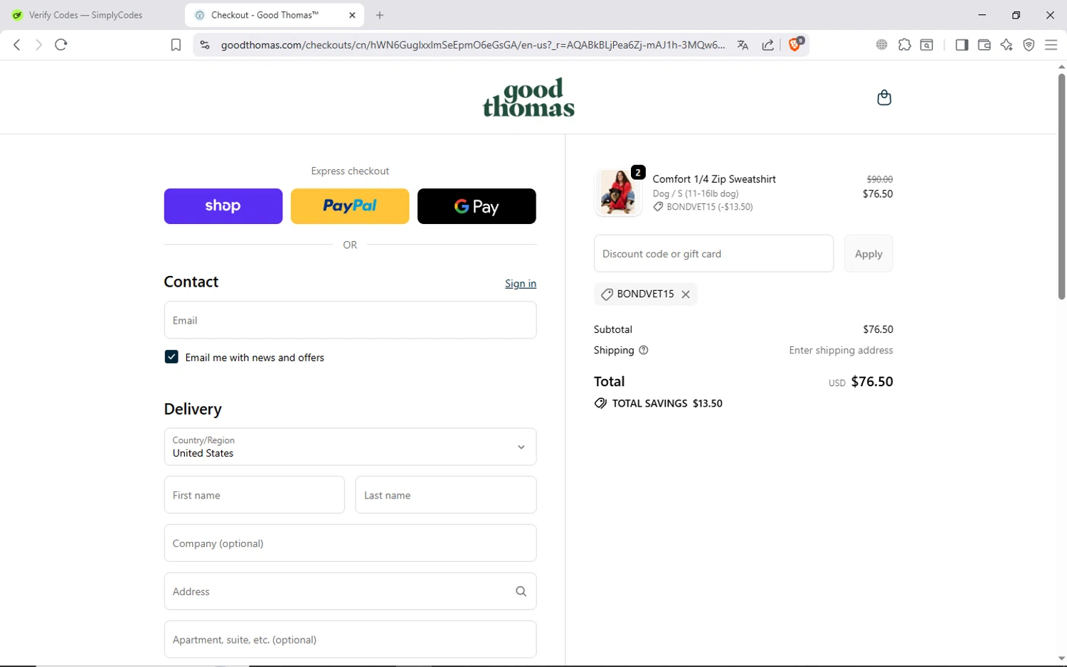 Good Thomas discount code screenshot showing code BONDVET15 applied at Good Thomas checkout page. Uploaded by SimplyCodes community member ShieldAdmiral6835 on Dec 10, 2025