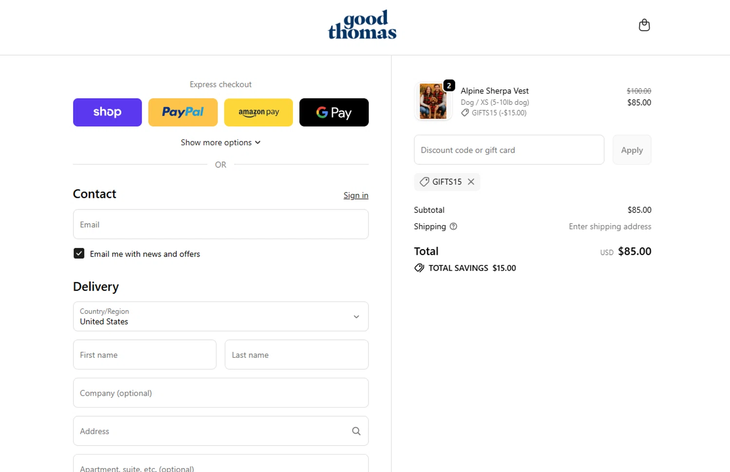 Good Thomas discount code screenshot showing code GIFTS15 applied at Good Thomas checkout page. Uploaded by SimplyCodes community member Dallas on Oct 18, 2025