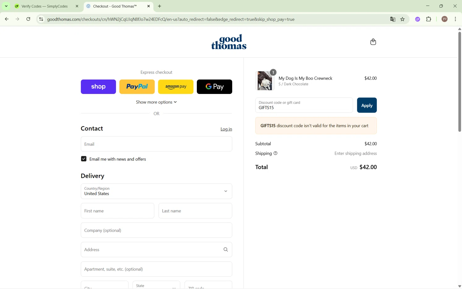 Good Thomas discount code screenshot showing code GIFTS15 applied at Good Thomas checkout page. Uploaded by SimplyCodes community member Yuyu12 on Sep 8, 2025