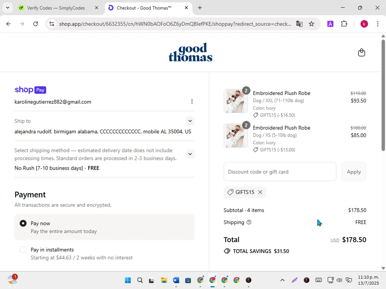 Good Thomas discount code screenshot showing code GIFTS15 applied at Good Thomas checkout page. Uploaded by SimplyCodes community member karoline on Jul 14, 2025