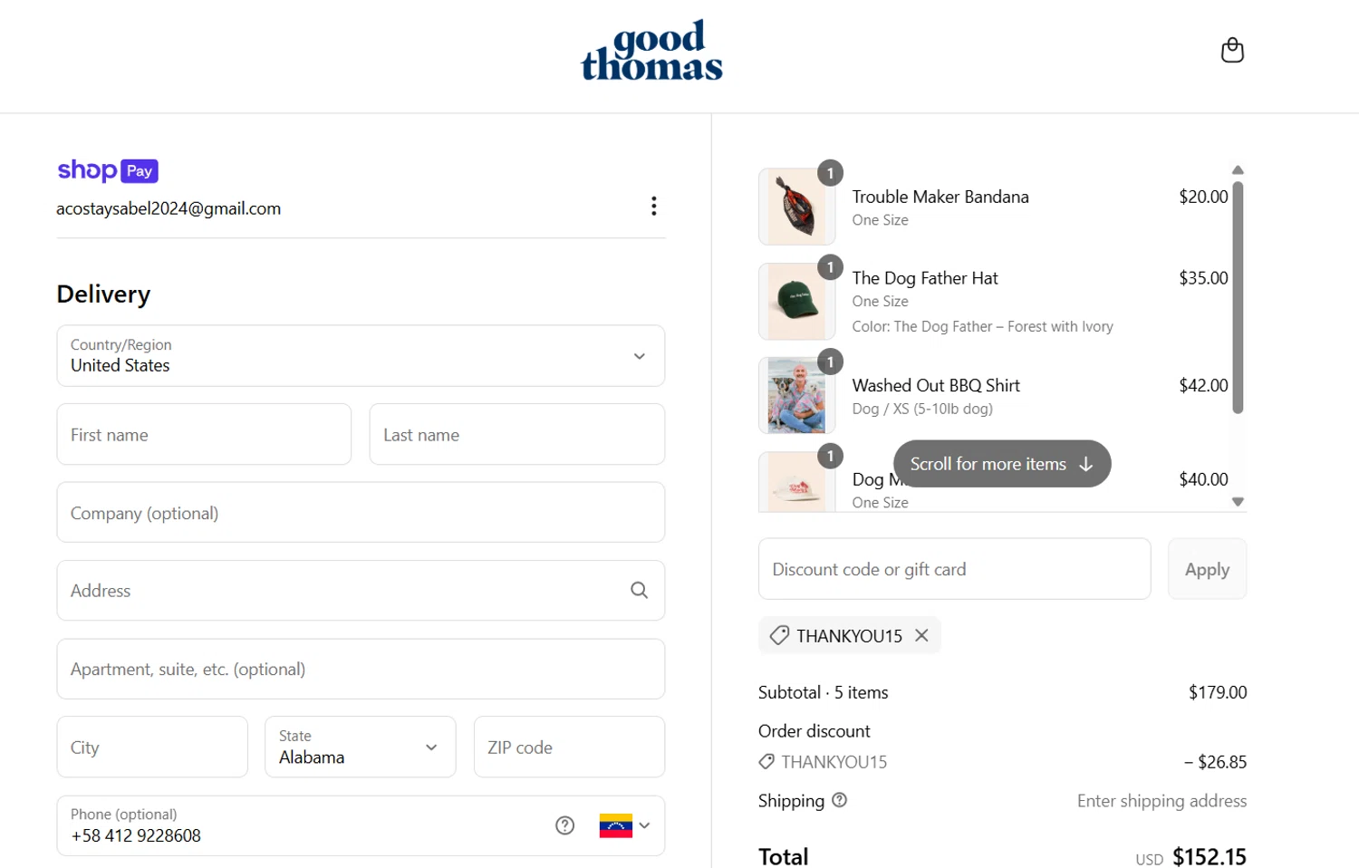 Good Thomas discount code screenshot showing code THANKYOU15 applied at Good Thomas checkout page. Uploaded by SimplyCodes community member Gray_75 on Jul 2, 2025