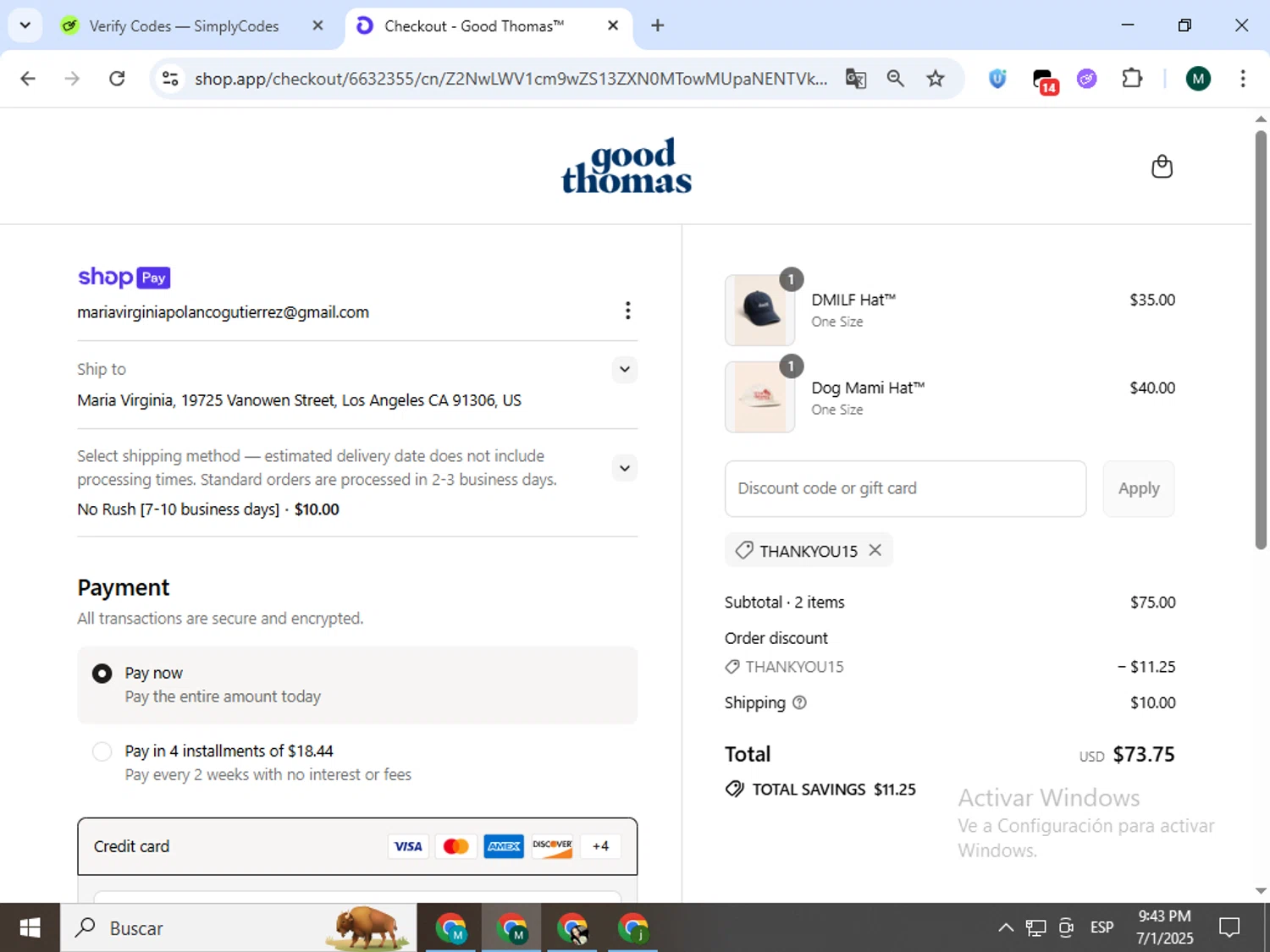 Good Thomas discount code screenshot showing code THANKYOU15 applied at Good Thomas checkout page. Uploaded by SimplyCodes community member Jorgeluisvera on Jul 2, 2025