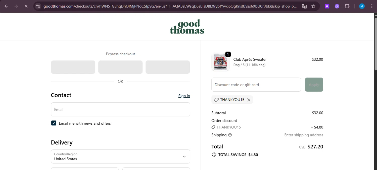 Good Thomas discount code screenshot showing code THANKYOU15 applied at Good Thomas checkout page. Uploaded by SimplyCodes community member ShieldKnight4744 on Nov 19, 2025