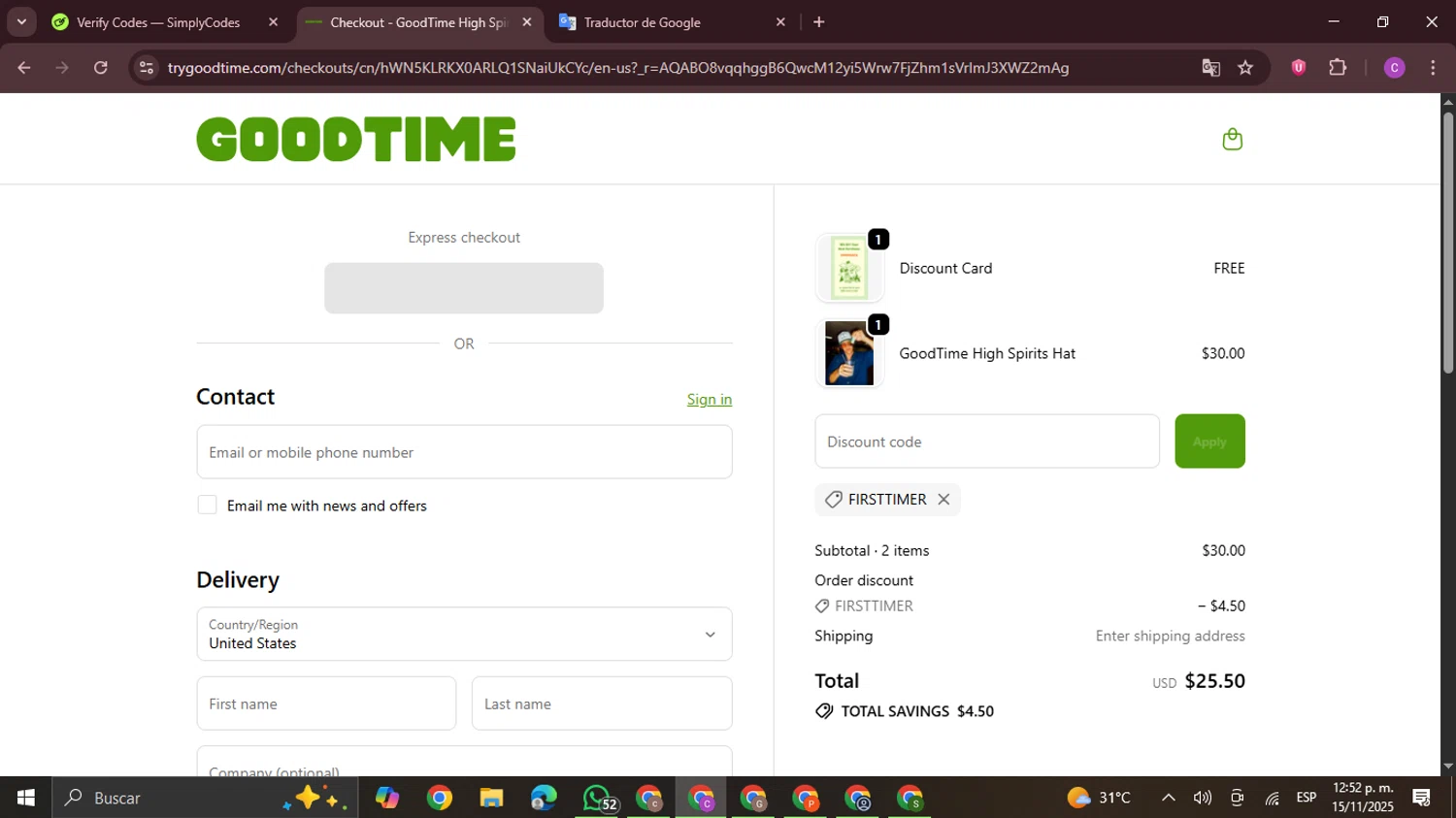 GoodTime High Spirits promo code screenshot showing code FIRSTTIMER applied at GoodTime High Spirits checkout page. Uploaded by SimplyCodes community member FrugalPro5078 on Nov 15, 2025