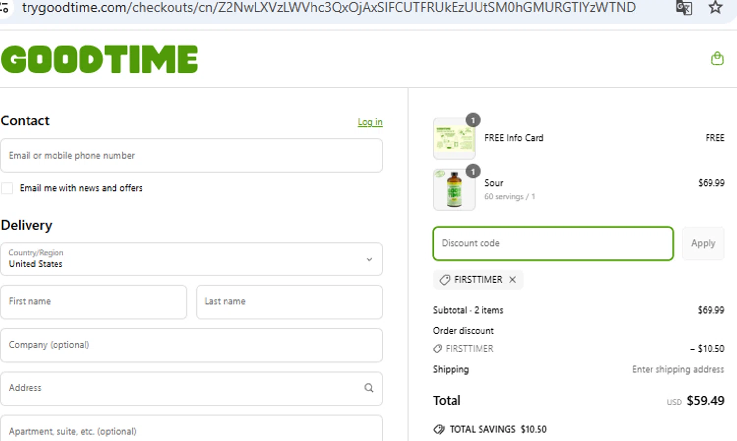 GoodTime High Spirits promo code screenshot showing code FIRSTTIMER applied at GoodTime High Spirits checkout page. Uploaded by SimplyCodes community member PennyOwl2559 on Mar 27, 2025