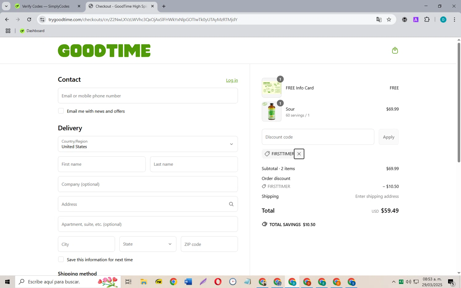 GoodTime High Spirits promo code screenshot showing code FIRSTTIMER applied at GoodTime High Spirits checkout page. Uploaded by SimplyCodes community member MagnificentCollector5368 on Mar 29, 2025