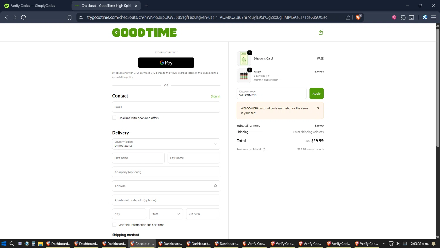 GoodTime High Spirits promo code screenshot showing code WELCOME10 applied at GoodTime High Spirits checkout page. Uploaded by SimplyCodes community member ZoilaPerrita on Nov 1, 2025