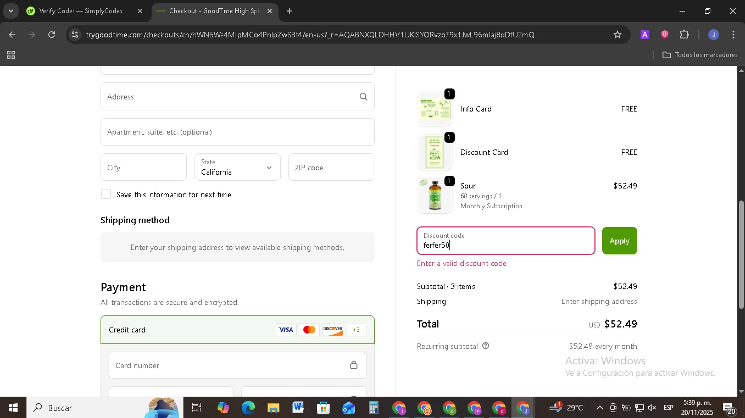 GoodTime High Spirits promo code screenshot showing code ferfer50 applied at GoodTime High Spirits checkout page. Uploaded by SimplyCodes community member EpicSage3474 on Nov 20, 2025