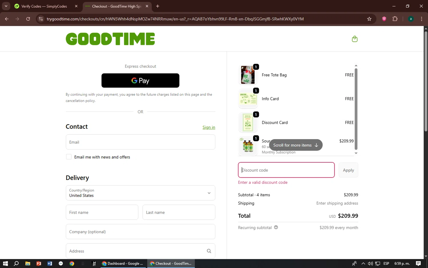 GoodTime High Spirits promo code screenshot showing code ferfer50 applied at GoodTime High Spirits checkout page. Uploaded by SimplyCodes community member zizu55 on Nov 20, 2025