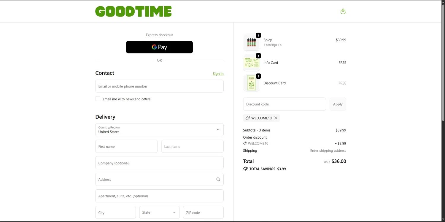 GoodTime High Spirits promo code screenshot showing code WELCOME10 applied at GoodTime High Spirits checkout page. Uploaded by SimplyCodes community member Depressive on Nov 1, 2025