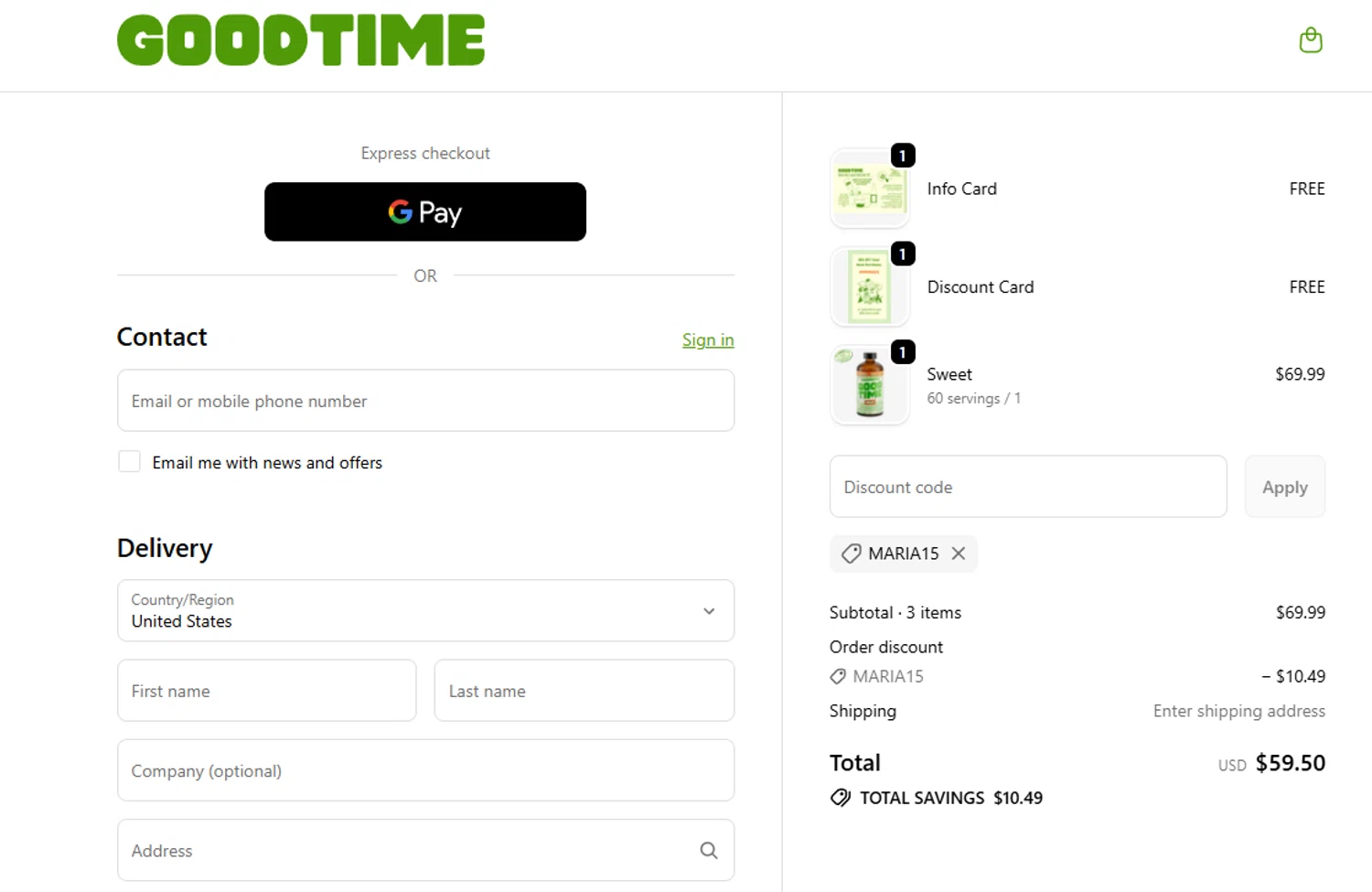 GoodTime High Spirits promo code screenshot showing code MARIA15 applied at GoodTime High Spirits checkout page. Uploaded by SimplyCodes community member Jesusreyes27 on Nov 11, 2025