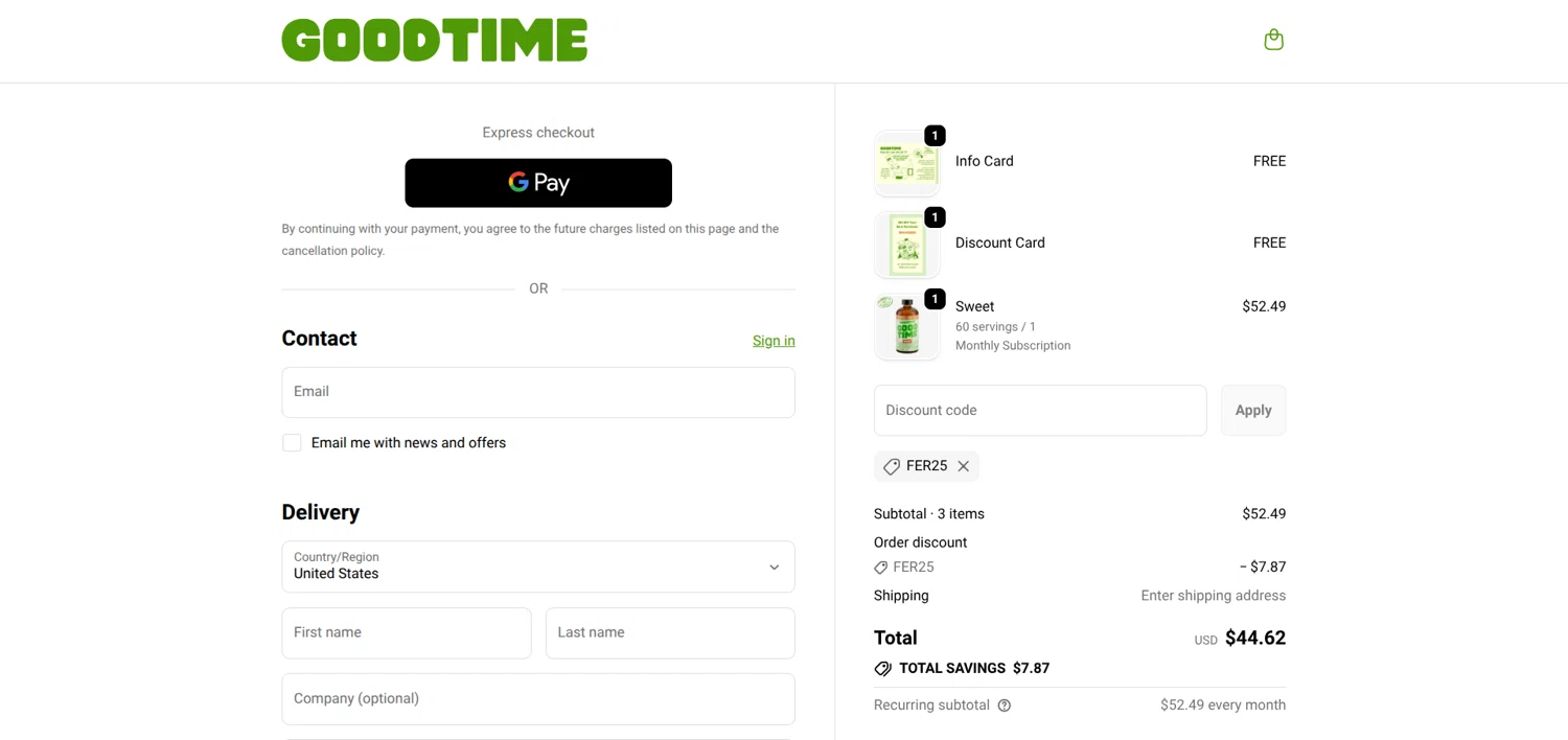 GoodTime High Spirits promo code screenshot showing code fer25 applied at GoodTime High Spirits checkout page. Uploaded by SimplyCodes community member Mongomery on Nov 20, 2025