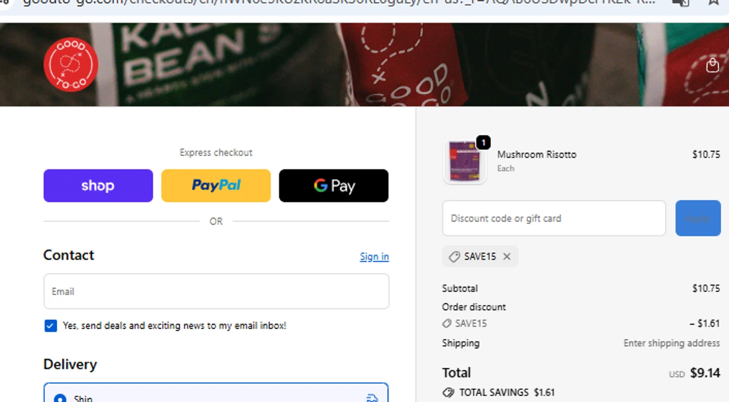 Good To-Go promo code screenshot showing code SAVE15 applied at Good To-Go checkout page. Uploaded by SimplyCodes community member PennyOwl2559 on Dec 20, 2025