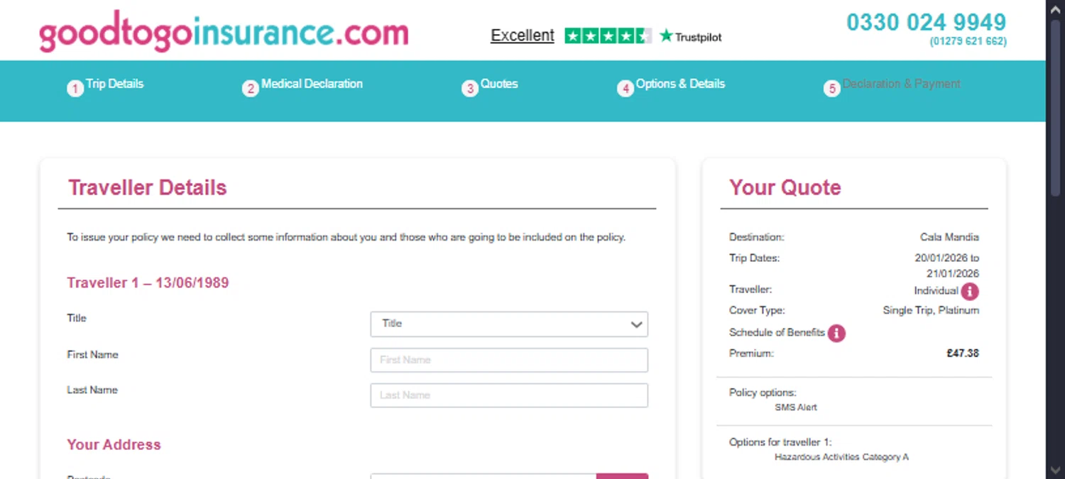 Good to Go Insurance promo code screenshot showing code GOOD10 applied at Good to Go Insurance checkout page. Uploaded by SimplyCodes community member TraxoGamer on Jan 11, 2026