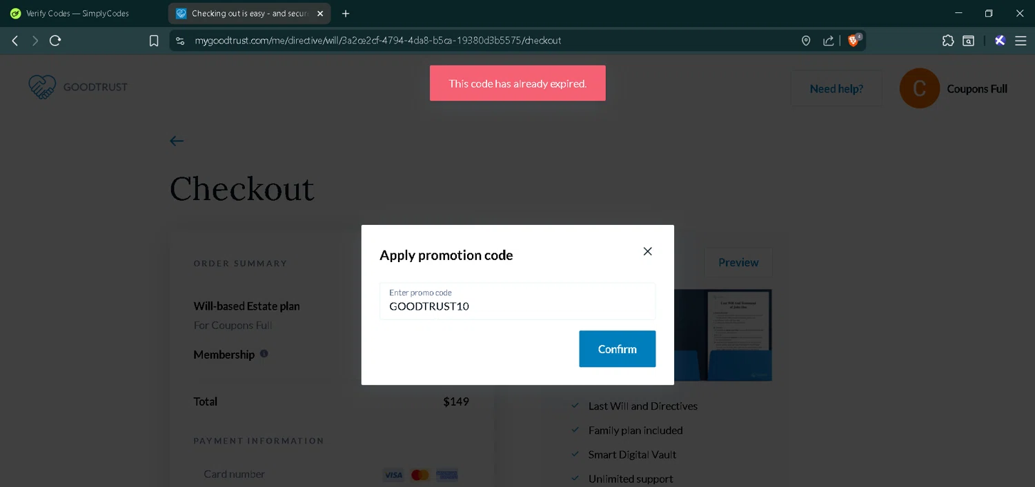 GoodTrust promo code screenshot showing code GOODTRUST10 applied at GoodTrust checkout page. Uploaded by SimplyCodes community member RoyalMaverick7546 on Aug 22, 2025