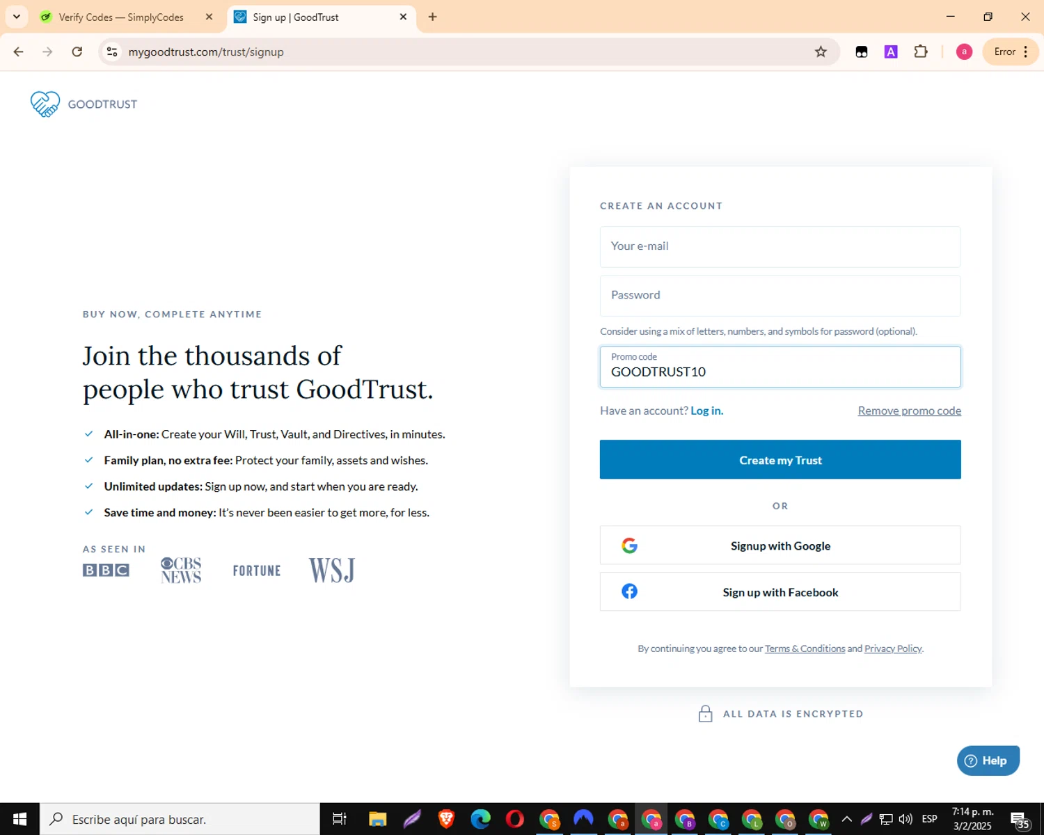 GoodTrust promo code screenshot showing code GOODTRUST10 applied at GoodTrust checkout page. Uploaded by SimplyCodes community member MagnificentKnight3359 on Feb 3, 2025