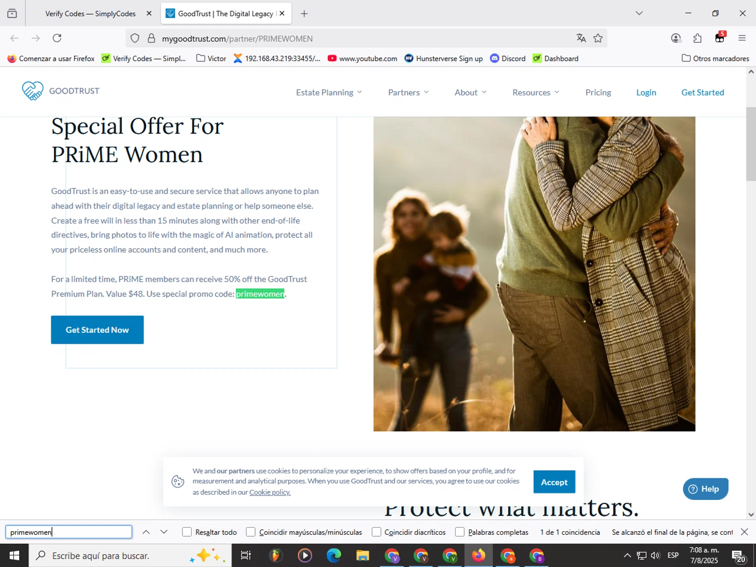 GoodTrust promo code screenshot showing code primewomen applied at GoodTrust checkout page. Uploaded by SimplyCodes community member Garou_Y2K on Aug 7, 2025