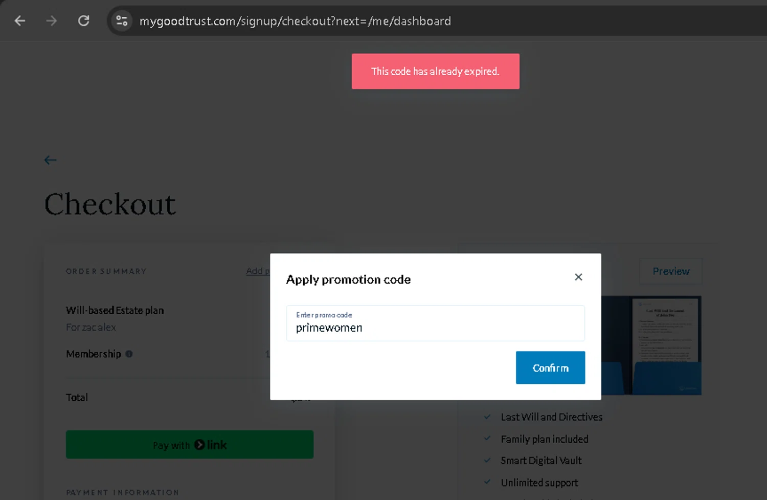 GoodTrust promo code screenshot showing code primewomen applied at GoodTrust checkout page. Uploaded by SimplyCodes community member NobleSentinel8535 on Aug 7, 2025