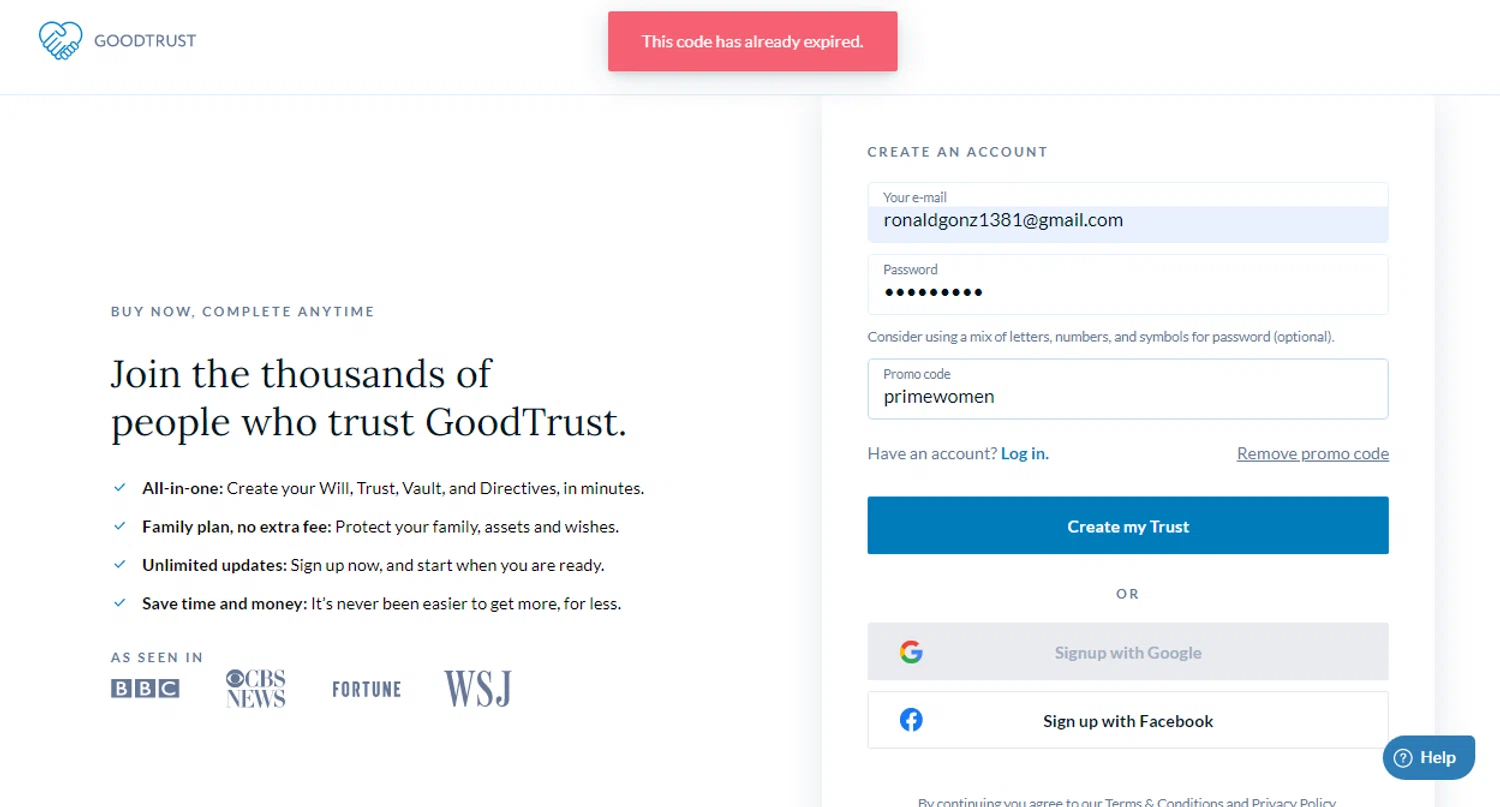 GoodTrust promo code screenshot showing code primewomen applied at GoodTrust checkout page. Uploaded by SimplyCodes community member Ronald13 on Aug 7, 2025
