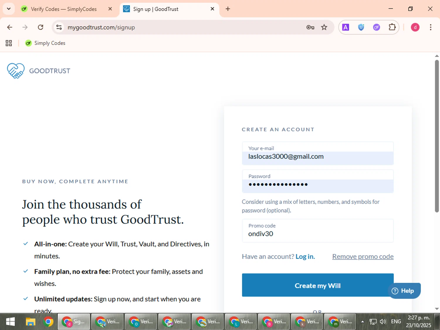 GoodTrust promo code screenshot showing code ondiv30 applied at GoodTrust checkout page. Uploaded by SimplyCodes community member BudgetVoyager5452 on Oct 23, 2025