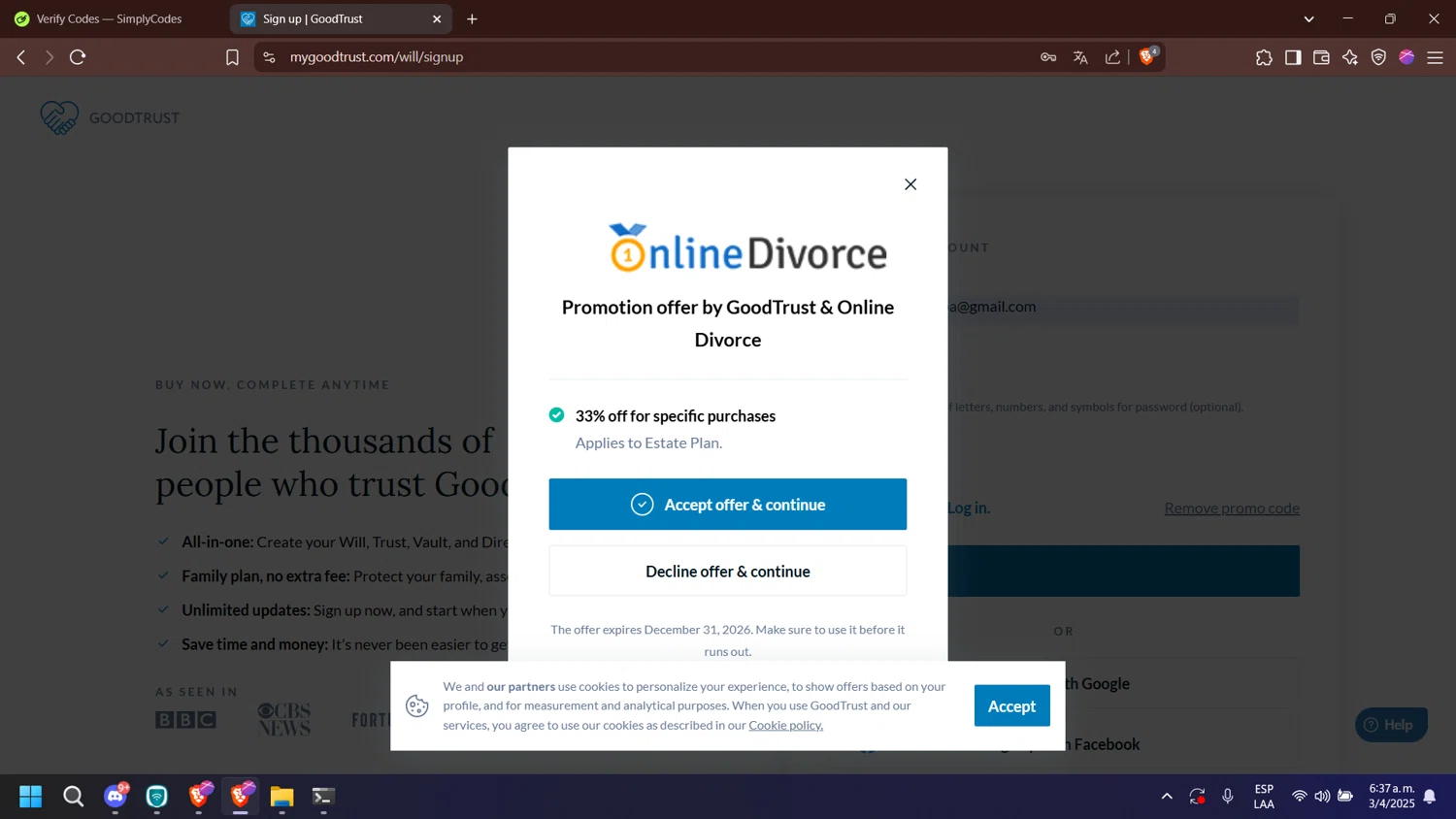 GoodTrust promo code screenshot showing code ondiv30 applied at GoodTrust checkout page. Uploaded by SimplyCodes community member nabucodonosor on Apr 3, 2025