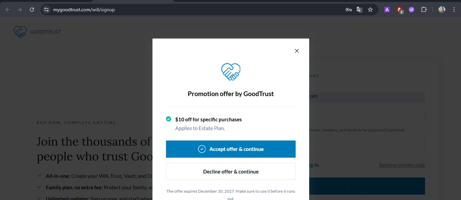 GoodTrust promo code screenshot showing code Save10 applied at GoodTrust checkout page. Uploaded by SimplyCodes community member BrilliantFox7966 on Oct 30, 2025