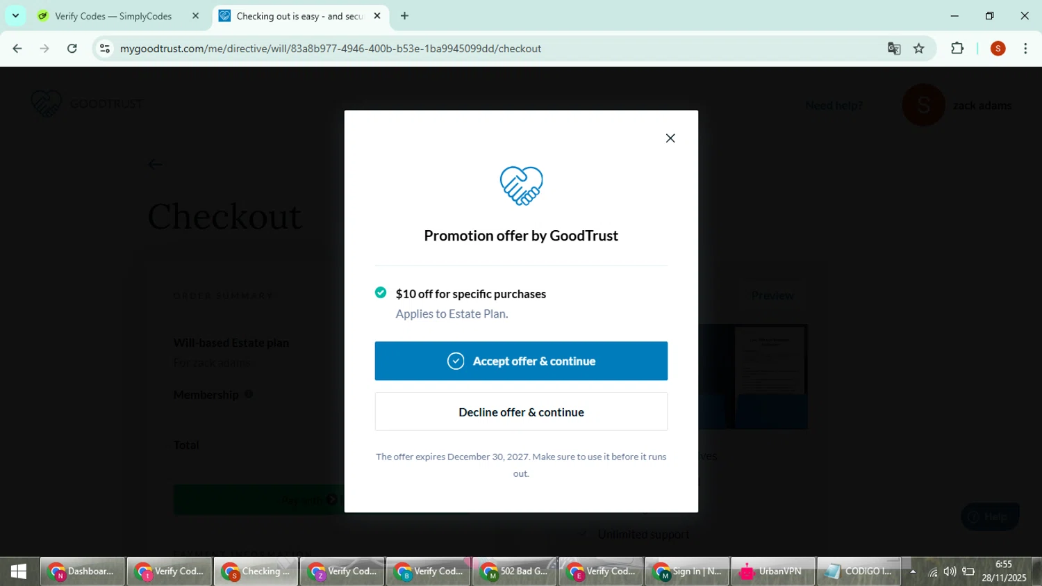 GoodTrust promo code screenshot showing code Save10 applied at GoodTrust checkout page. Uploaded by SimplyCodes community member CleverTiger4265 on Nov 28, 2025