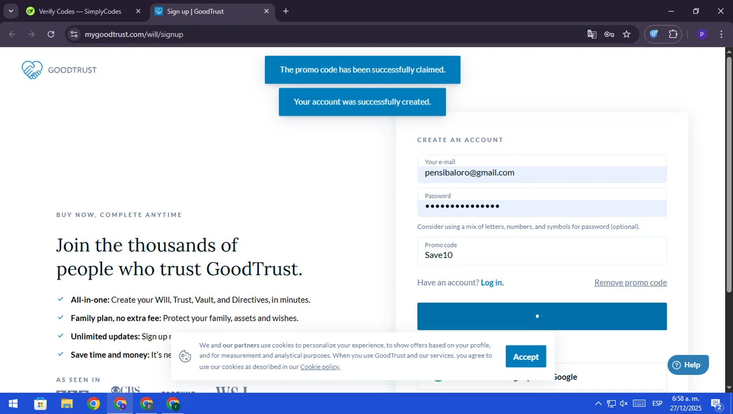GoodTrust promo code screenshot showing code Save10 applied at GoodTrust checkout page. Uploaded by SimplyCodes community member RebateScout6612 on Dec 27, 2025