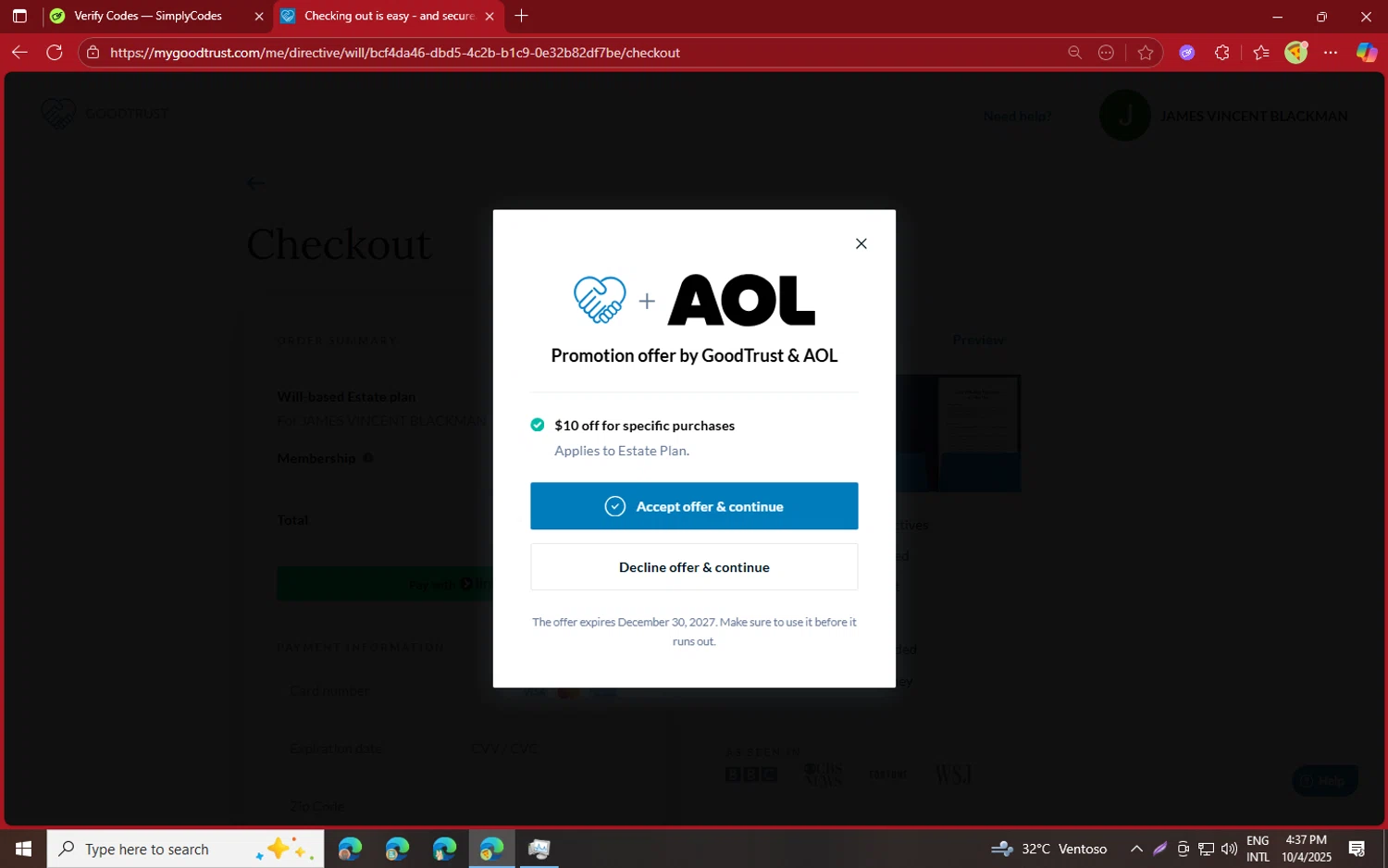 GoodTrust promo code screenshot showing code AOLSAVE10 applied at GoodTrust checkout page. Uploaded by SimplyCodes community member jvllsk2 on Oct 4, 2025