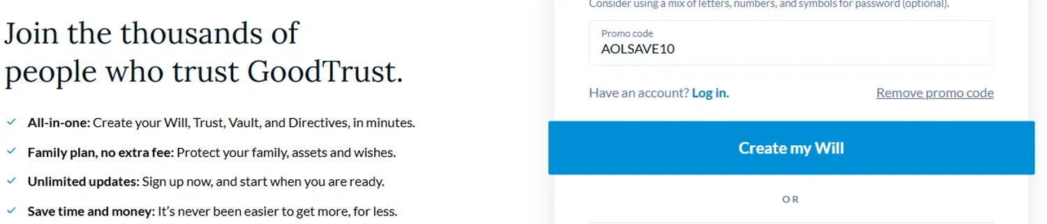 GoodTrust promo code screenshot showing code AOLSAVE10 applied at GoodTrust checkout page. Uploaded by SimplyCodes community member Olorinnnnn on Dec 2, 2025