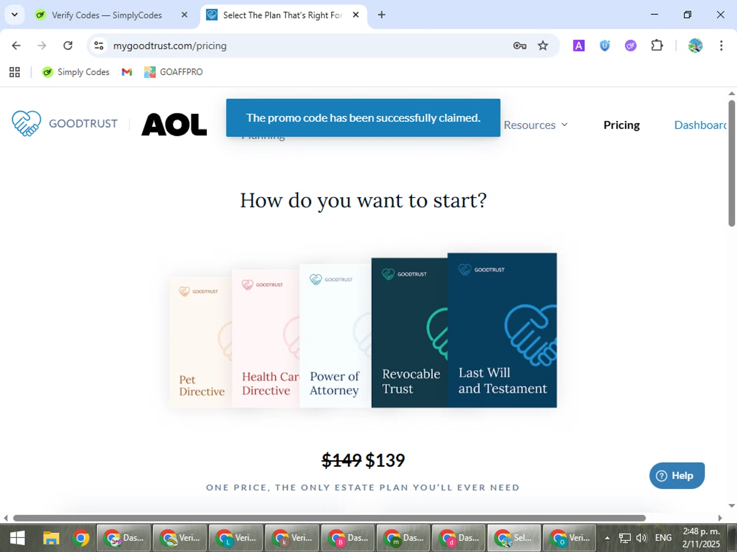 GoodTrust promo code screenshot showing code AOLSAVE10 applied at GoodTrust checkout page. Uploaded by SimplyCodes community member ShrewdSpotter4101 on Nov 2, 2025
