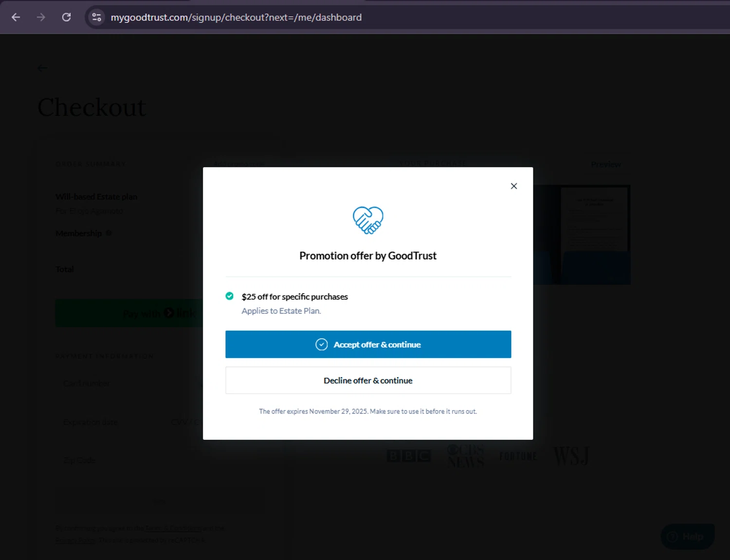 GoodTrust checkout page showing GoodTrust promo code box | Screenshot taken by SimplyCodes community member on Oct 27, 2025