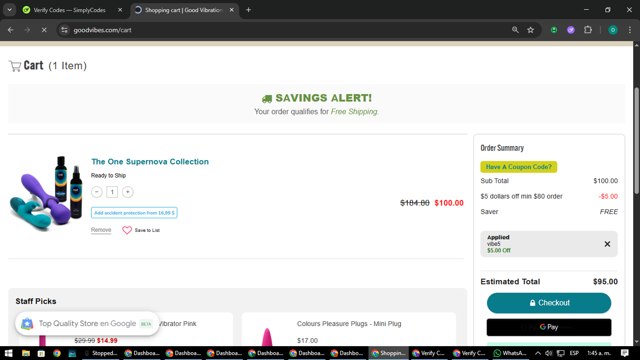 Good Vibrations checkout page showing Good Vibrations promo code box | Screenshot taken by SimplyCodes community member on Jun 20, 2025