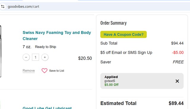 Good Vibrations checkout page showing Good Vibrations promo code box | Screenshot taken by SimplyCodes community member on Jun 13, 2025