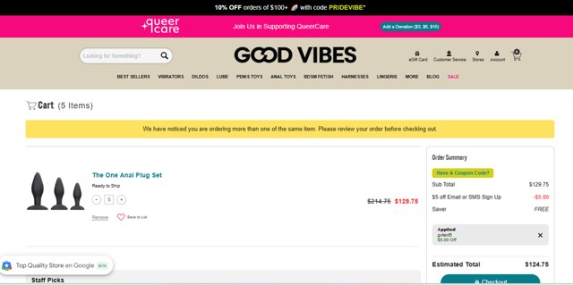 Good Vibrations checkout page showing Good Vibrations promo code box | Screenshot taken by SimplyCodes community member on Jun 20, 2025