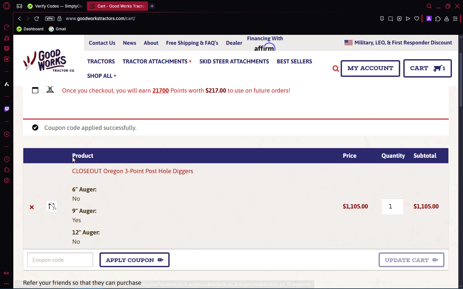 Good Works Tractors checkout page showing Good Works Tractors coupon code box | Screenshot taken by SimplyCodes community member on Jun 2, 2025