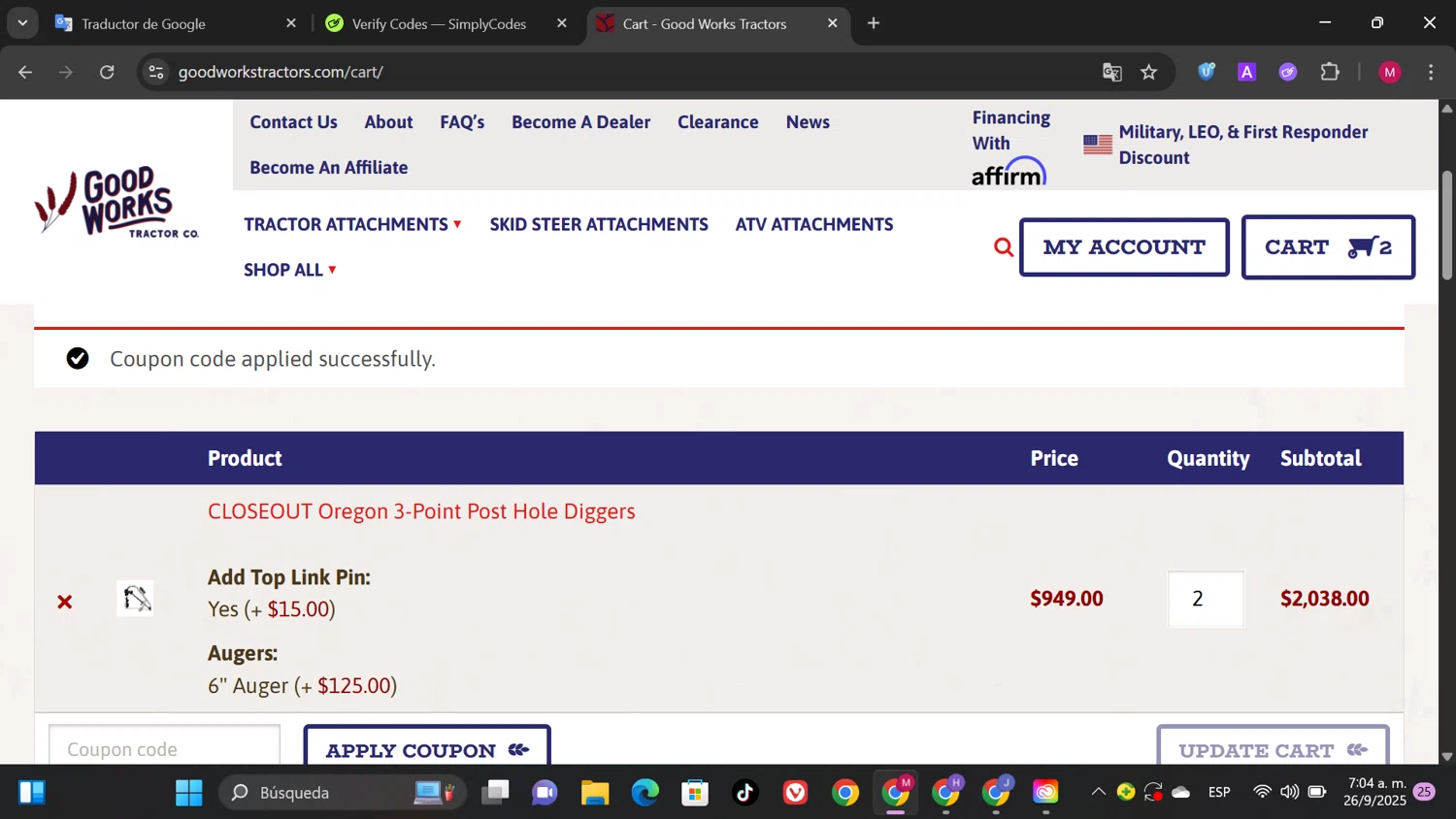 Good Works Tractors coupon code screenshot showing code BONUS$20 applied at Good Works Tractors checkout page. Uploaded by SimplyCodes community member SwiftPioneer1769 on Sep 26, 2025