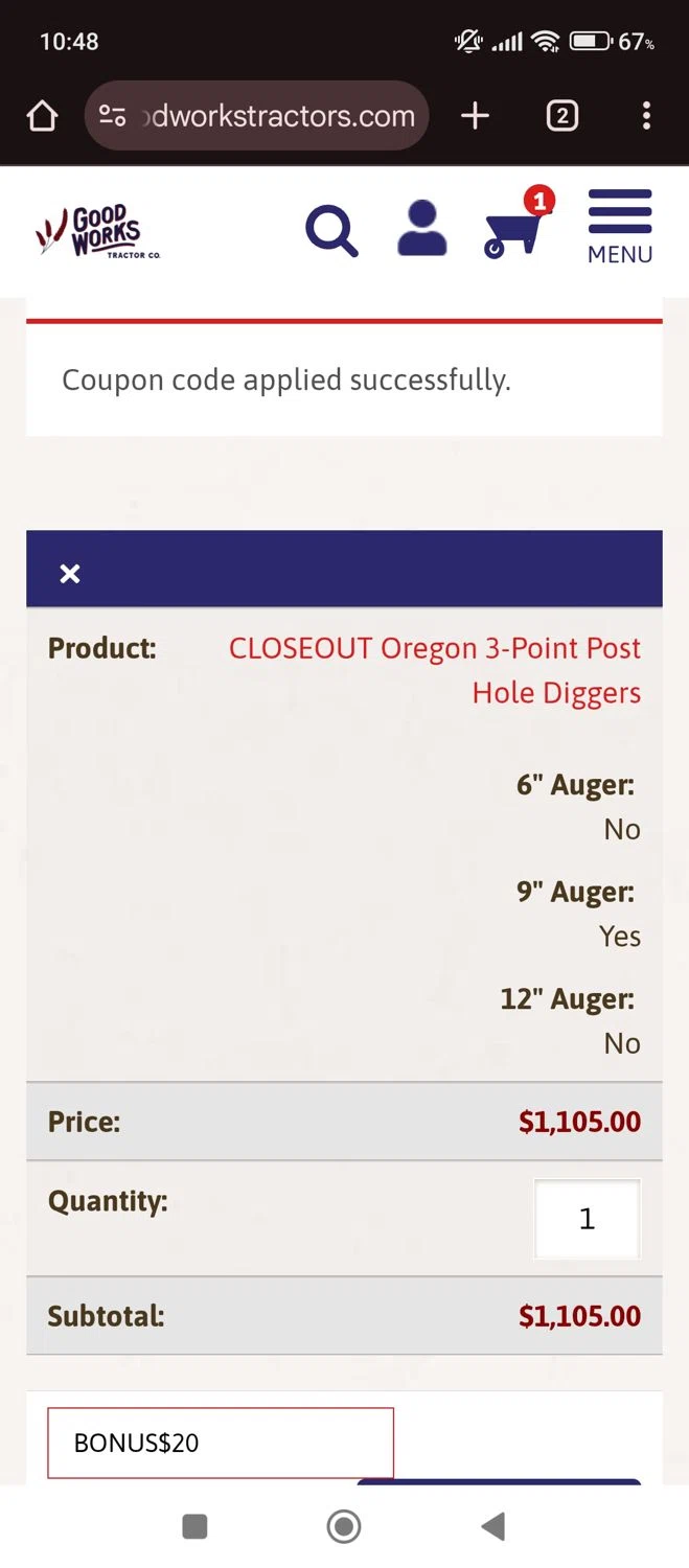 Good Works Tractors checkout page showing Good Works Tractors coupon code box | Screenshot taken by SimplyCodes community member on Apr 5, 2025