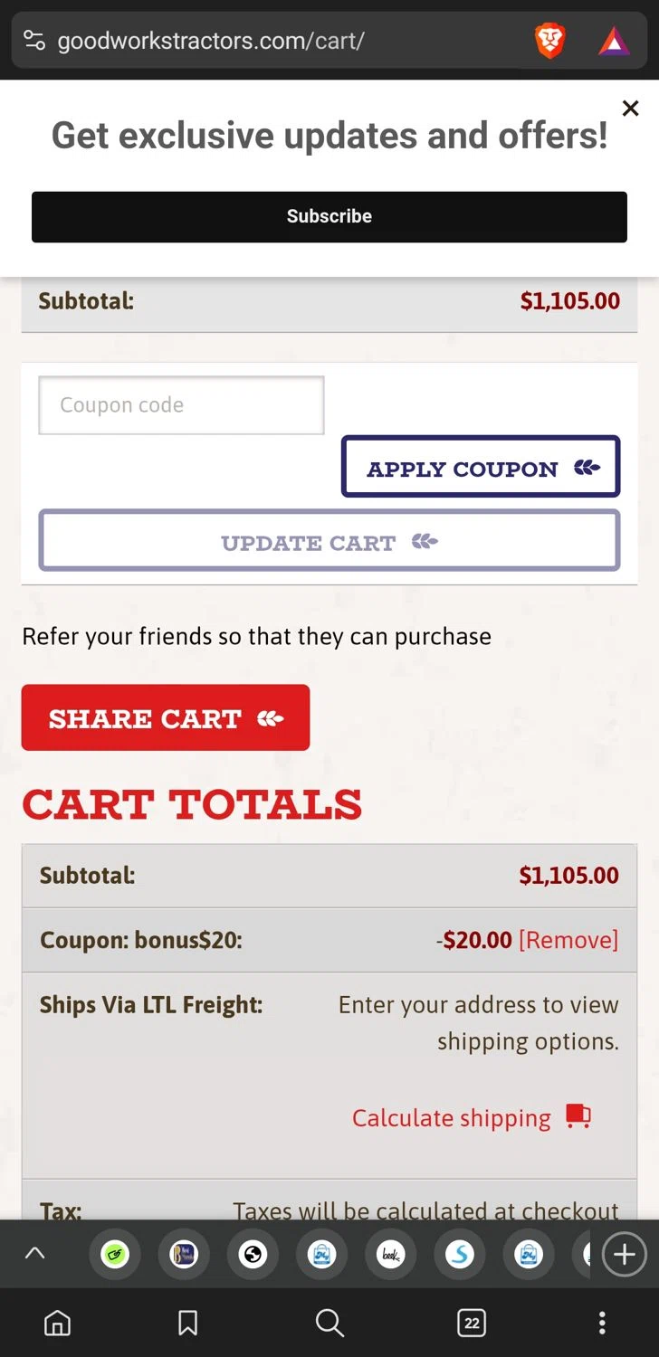 Good Works Tractors checkout page showing Good Works Tractors coupon code box | Screenshot taken by SimplyCodes community member on May 4, 2025