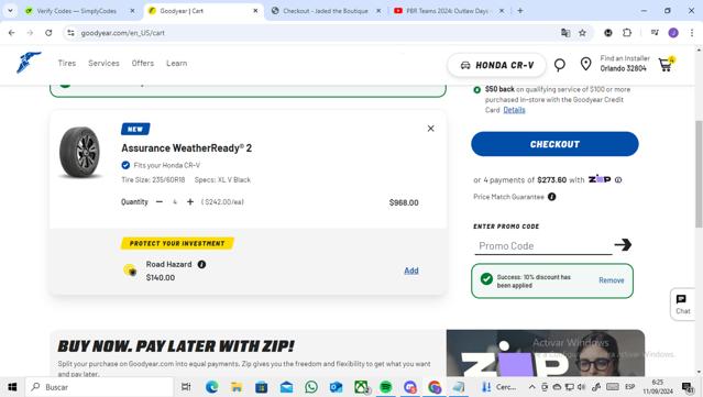 Goodyear checkout page showing Goodyear promo code box | Screenshot taken by SimplyCodes community member on Sep 11, 2024