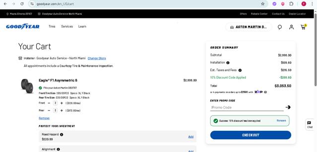 Goodyear checkout page showing Goodyear promo code box | Screenshot taken by SimplyCodes community member on Jun 25, 2025