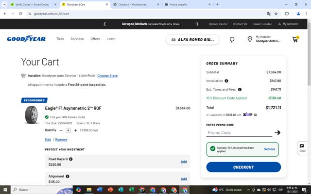 Goodyear checkout page showing Goodyear promo code box | Screenshot taken by SimplyCodes community member on Jan 18, 2025