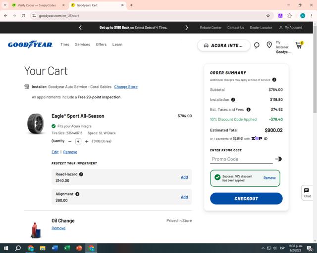 Goodyear checkout page showing Goodyear promo code box | Screenshot taken by SimplyCodes community member on Feb 4, 2025