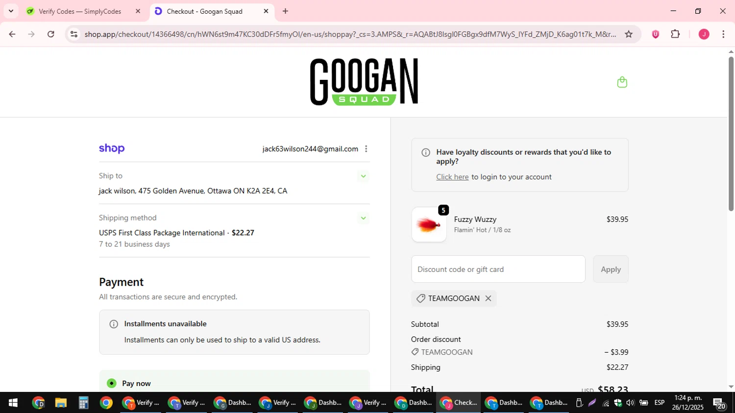 Googan Squad discount code screenshot showing code TEAMGOOGAN applied at Googan Squad checkout page. Uploaded by SimplyCodes community member JackWilson63 on Dec 26, 2025