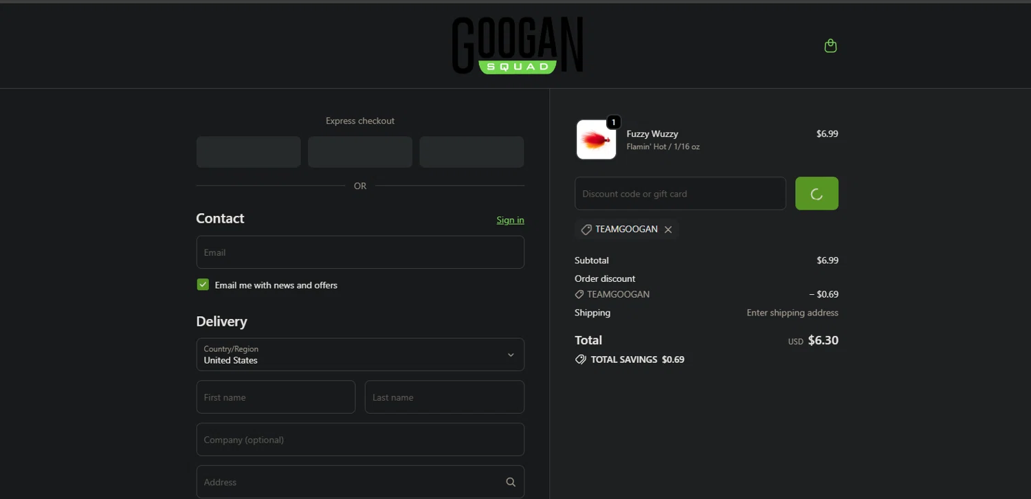 Googan Squad discount code screenshot showing code TEAMGOOGAN applied at Googan Squad checkout page. Uploaded by SimplyCodes community member TreasureMaestro5413 on Oct 21, 2025
