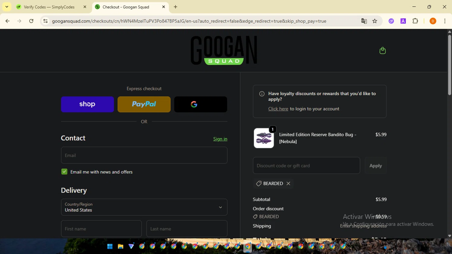 Googan Squad discount code screenshot showing code BEARDED applied at Googan Squad checkout page. Uploaded by SimplyCodes community member SavingsMaverick3203 on Oct 21, 2025