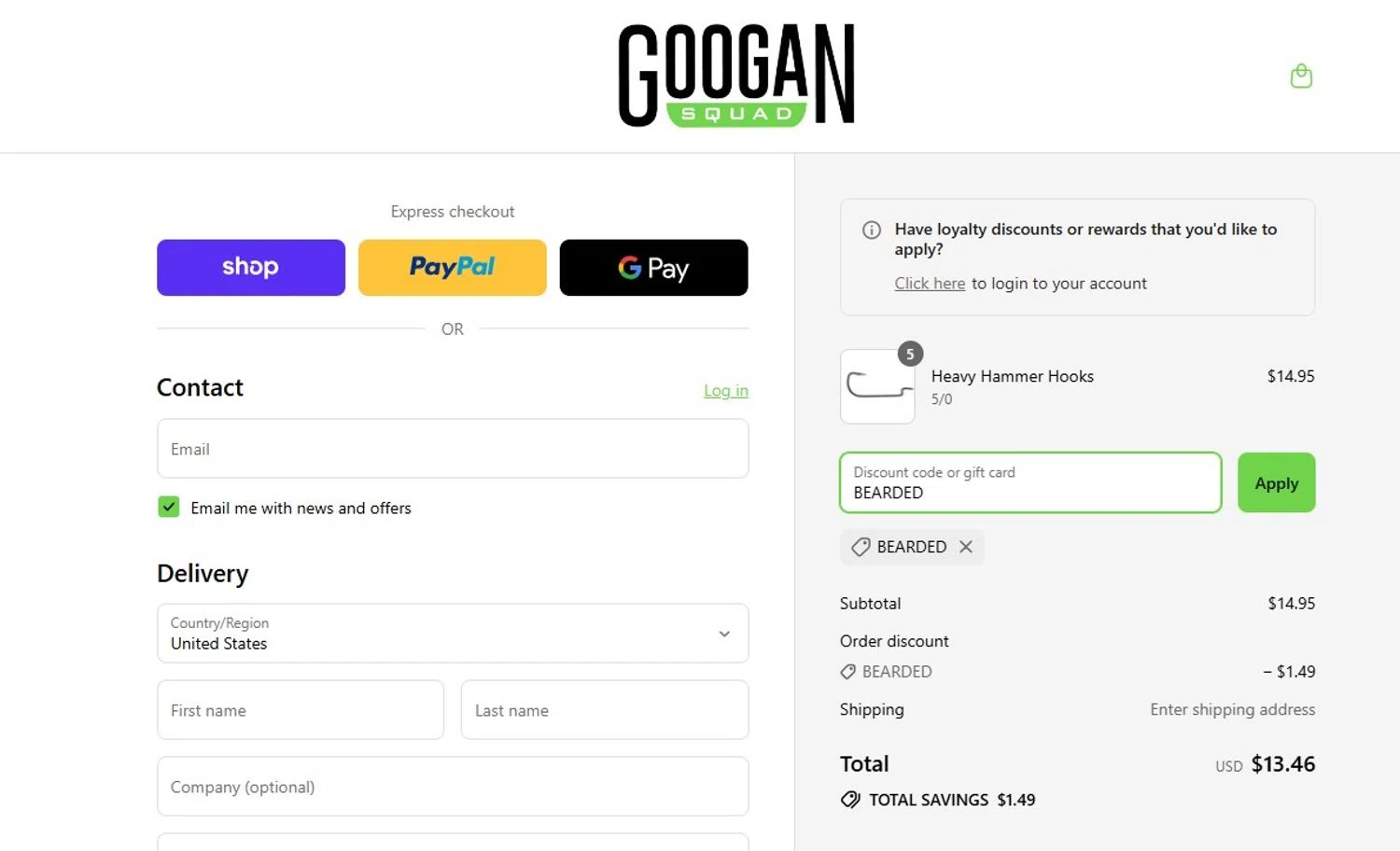 Googan Squad discount code screenshot showing code BEARDED applied at Googan Squad checkout page. Uploaded by SimplyCodes community member victorchacon on Sep 2, 2025